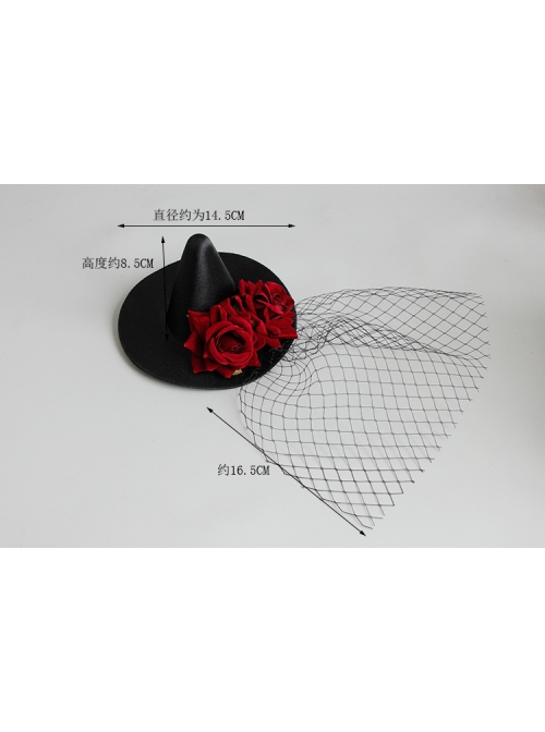 Retro Fashion Gothic Sexy Makeup Party Cocktail Party Prom Female Red Rose Black Net Gauze Witch Hat Hairpin