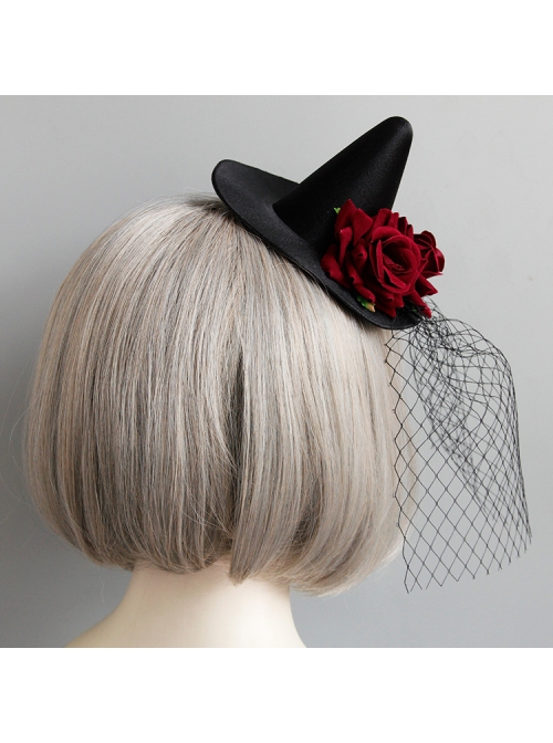 Retro Fashion Gothic Sexy Makeup Party Cocktail Party Prom Female Red Rose Black Net Gauze Witch Hat Hairpin