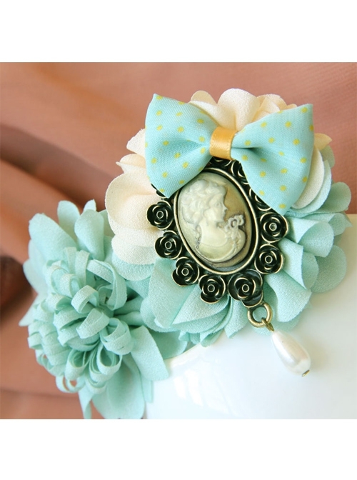 Handmade Retro Fashion Beauty Portrait Blue Bow Flower Pearl Female Hairpin