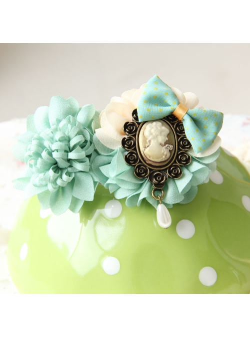Handmade Retro Fashion Beauty Portrait Blue Bow Flower Pearl Female Hairpin