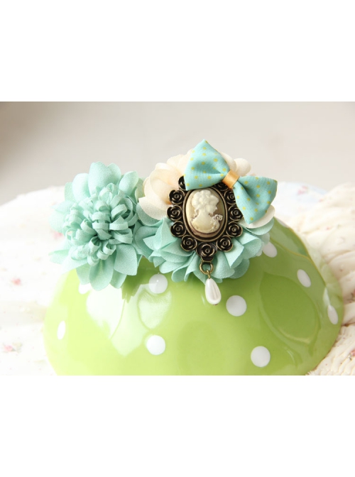 Handmade Retro Fashion Beauty Portrait Blue Bow Flower Pearl Female Hairpin