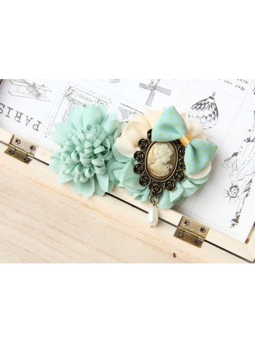 Handmade Retro Fashion Beauty Portrait Blue Bow Flower Pearl Female Hairpin