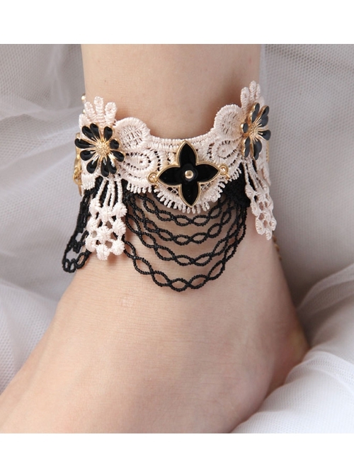 Handmade Retro Fashion Rose Gold Black Flower Tassel Light Pink Lace Female Anklet