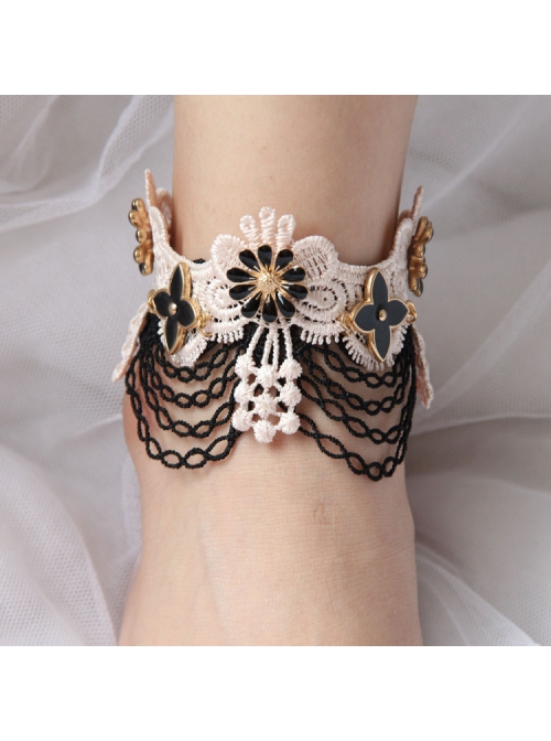 Handmade Retro Fashion Rose Gold Black Flower Tassel Light Pink Lace Female Anklet