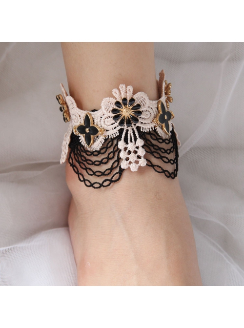 Handmade Retro Fashion Rose Gold Black Flower Tassel Light Pink Lace Female Anklet
