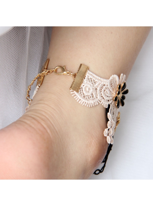 Handmade Retro Fashion Rose Gold Black Flower Tassel Light Pink Lace Female Anklet