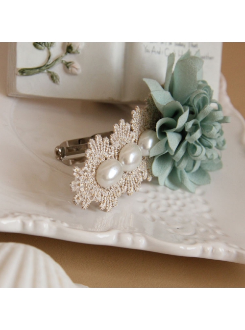 Elegant Golden Lace Blue Flowers White Pearl Fashion Beautiful Female Hairpin