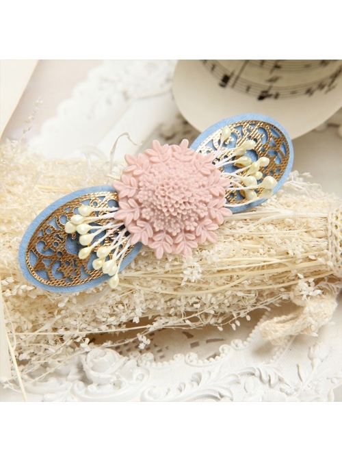 Fashion Elegant Pink Flowers Small Fresh Handmade Blue Cloth Female Hairpin