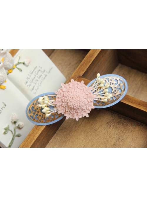 Fashion Elegant Pink Flowers Small Fresh Handmade Blue Cloth Female Hairpin