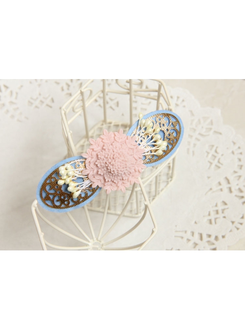 Fashion Elegant Pink Flowers Small Fresh Handmade Blue Cloth Female Hairpin