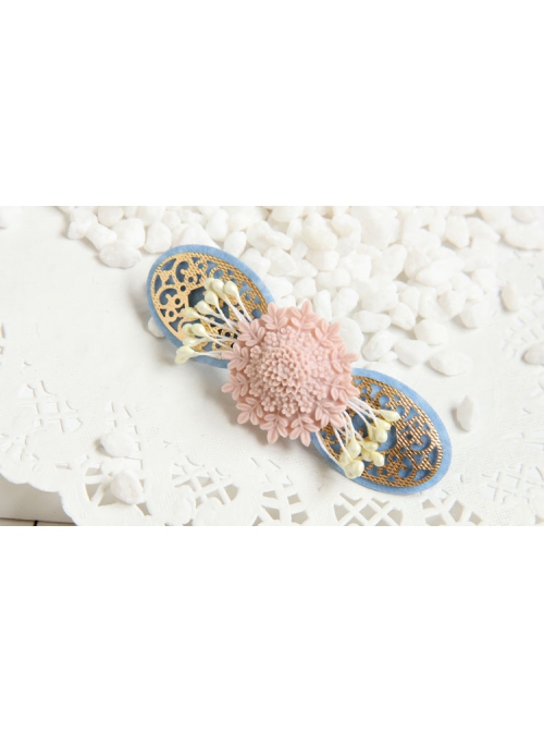 Fashion Elegant Pink Flowers Small Fresh Handmade Blue Cloth Female Hairpin