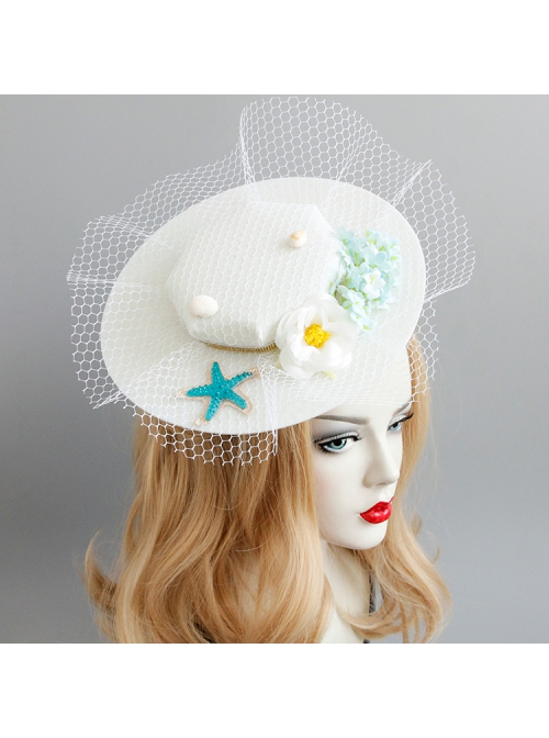 Seaside Blue Starfish White Flowers Shell Net Yarn Female Beach Holiday Fashion Top Hat