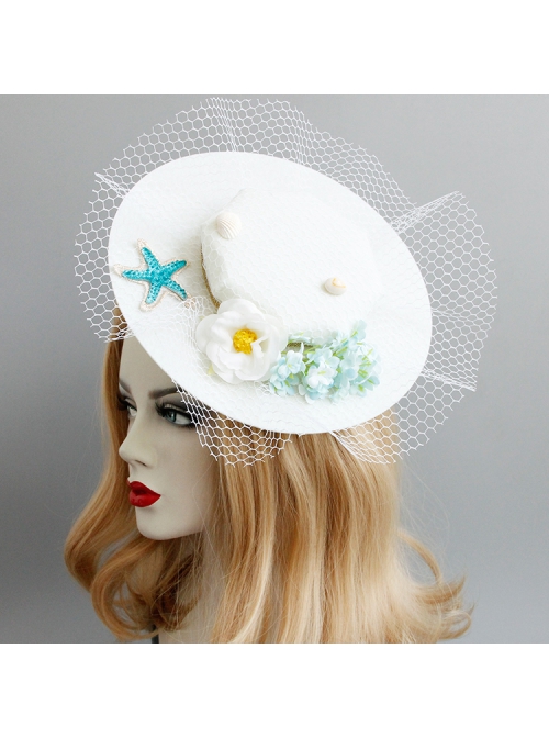 Seaside Blue Starfish White Flowers Shell Net Yarn Female Beach Holiday Fashion Top Hat