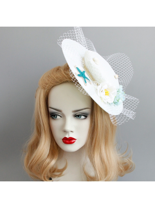 Seaside Blue Starfish White Flowers Shell Net Yarn Female Beach Holiday Fashion Top Hat