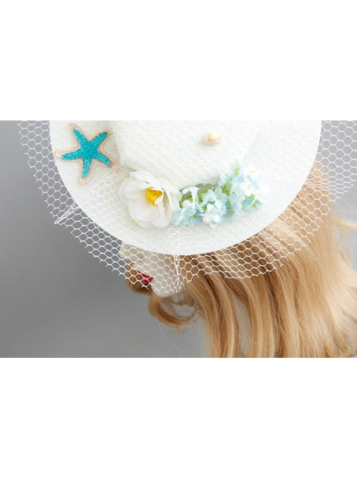 Seaside Blue Starfish White Flowers Shell Net Yarn Female Beach Holiday Fashion Top Hat