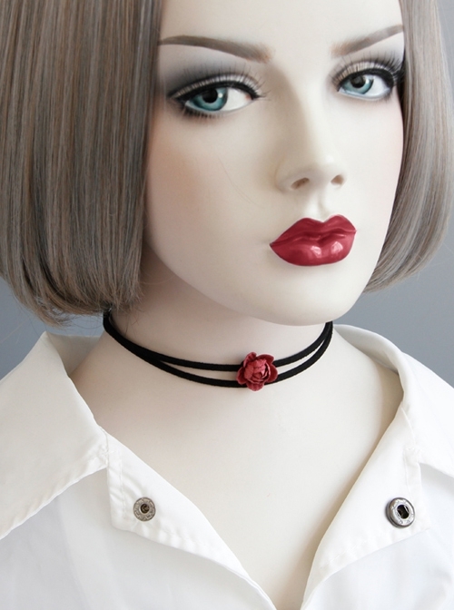 Simple Retro Fashion Red Rose Flower Female Black Double Layer Short Necklace