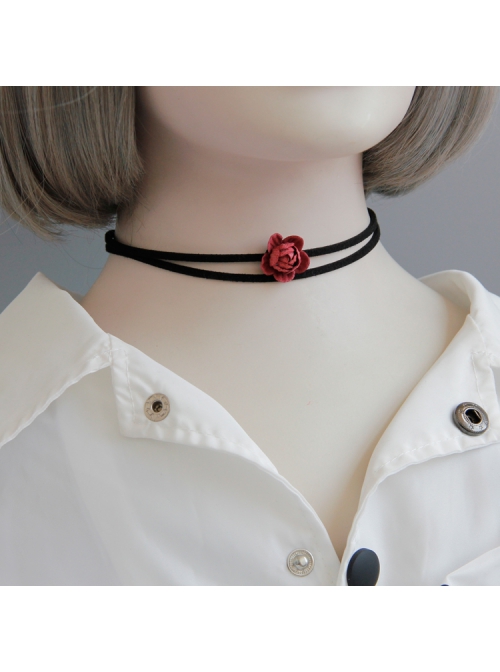 Simple Retro Fashion Red Rose Flower Female Black Double Layer Short Necklace