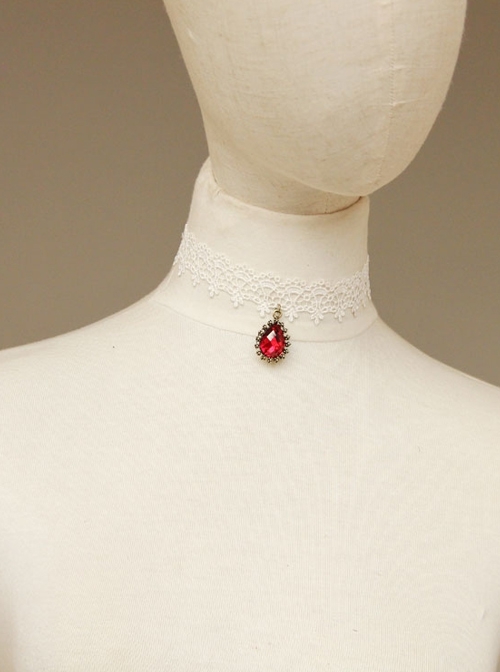 Red Drop Diamond White Lace Simple Retro Fashion Baroque Female Short Necklace