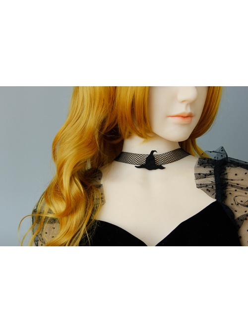 Fashion Halloween Masquerade Retro Black Witch Hat Mesh Female Choker