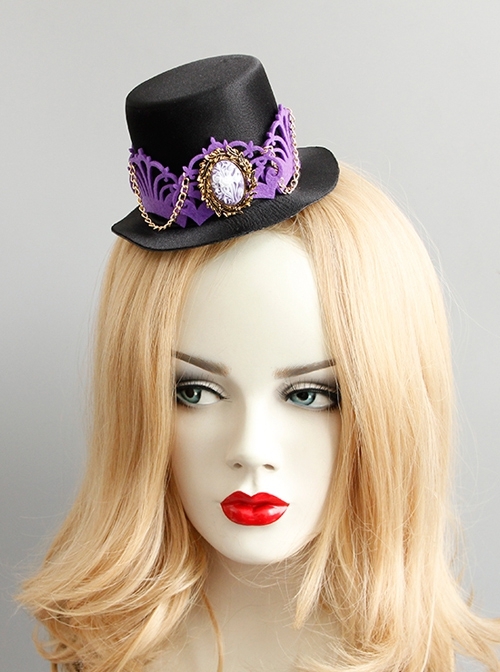 Purple Crown Flower Metal Tassel Show Halloween Party Retro Fashion Female Black Top Hat Hairpin