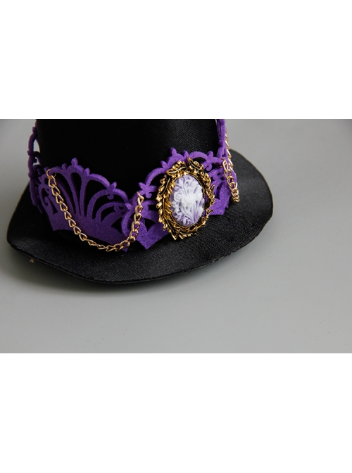 Purple Crown Flower Metal Tassel Show Halloween Party Retro Fashion Female Black Top Hat Hairpin