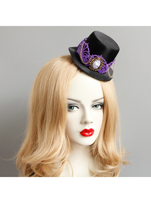 Purple Crown Flower Metal Tassel Show Halloween Party Retro Fashion Female Black Top Hat Hairpin