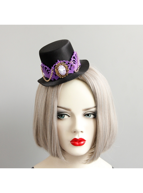 Purple Crown Flower Metal Tassel Show Halloween Party Retro Fashion Female Black Top Hat Hairpin