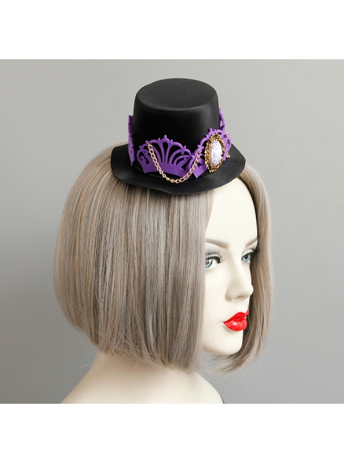 Purple Crown Flower Metal Tassel Show Halloween Party Retro Fashion Female Black Top Hat Hairpin