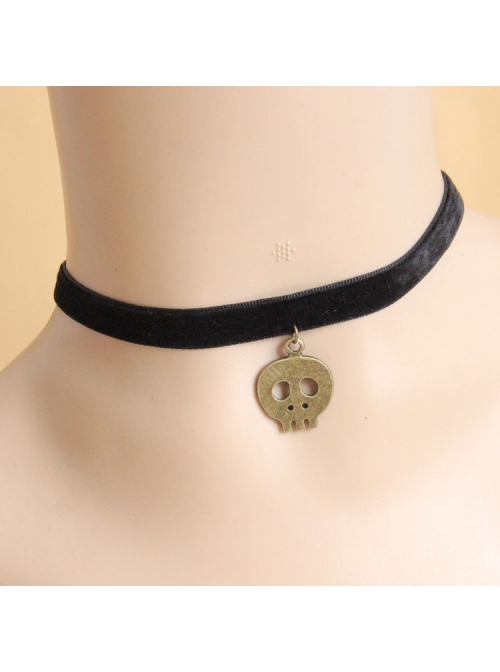Retro Simple Bronze Skull Black Velvet Rope Gothic Fashion Female Short Necklace