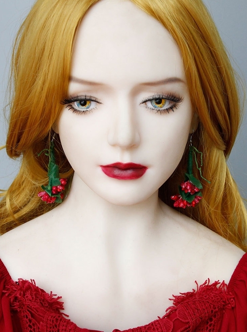 Exaggerated Fashion Personality Christmas Bride Bridesmaid Green Leaves Red Flowers Retro Long Earrings