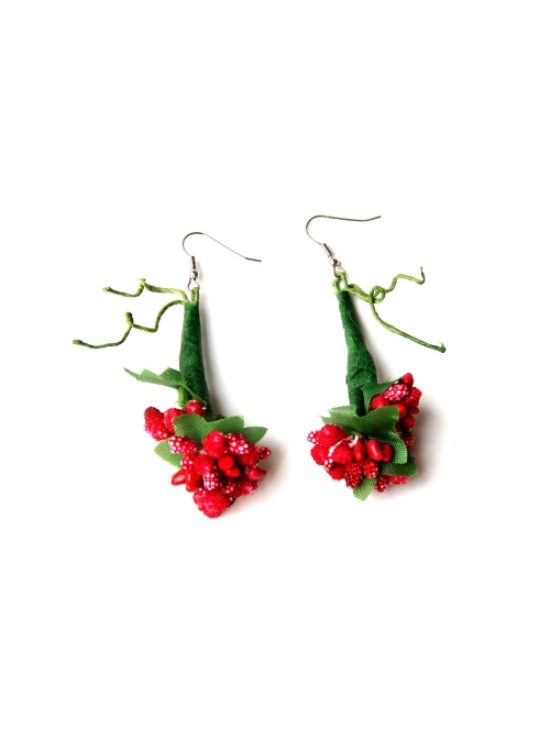 Exaggerated Fashion Personality Christmas Bride Bridesmaid Green Leaves Red Flowers Retro Long Earrings