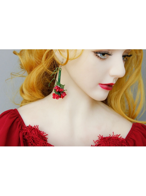 Exaggerated Fashion Personality Christmas Bride Bridesmaid Green Leaves Red Flowers Retro Long Earrings