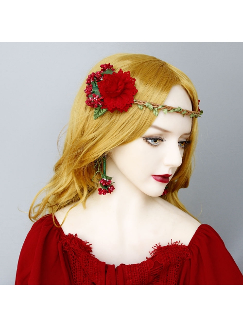 Exaggerated Fashion Personality Christmas Bride Bridesmaid Green Leaves Red Flowers Retro Long Earrings