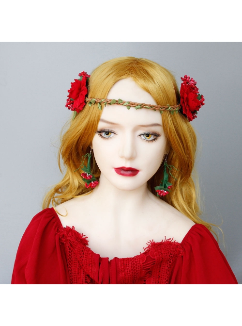 Exaggerated Fashion Personality Christmas Bride Bridesmaid Green Leaves Red Flowers Retro Long Earrings