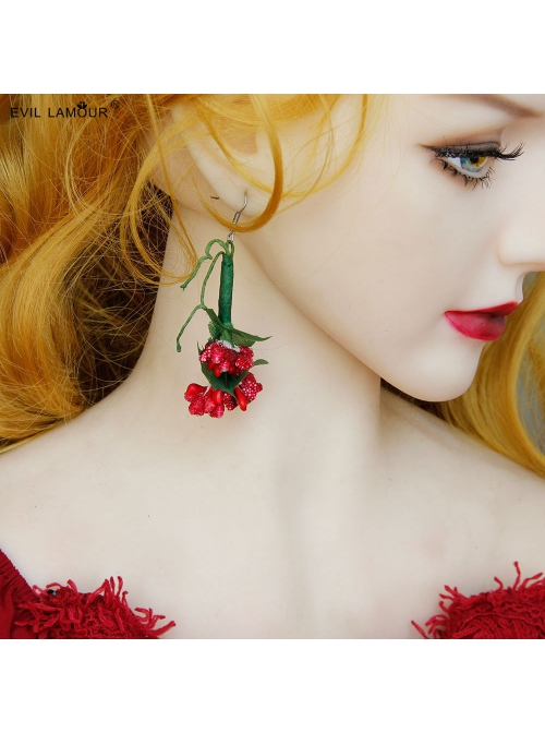 Exaggerated Fashion Personality Christmas Bride Bridesmaid Green Leaves Red Flowers Retro Long Earrings