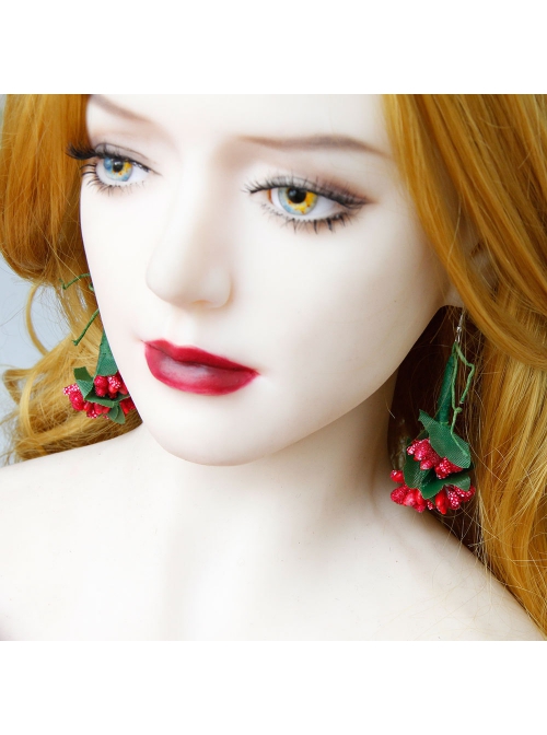 Exaggerated Fashion Personality Christmas Bride Bridesmaid Green Leaves Red Flowers Retro Long Earrings