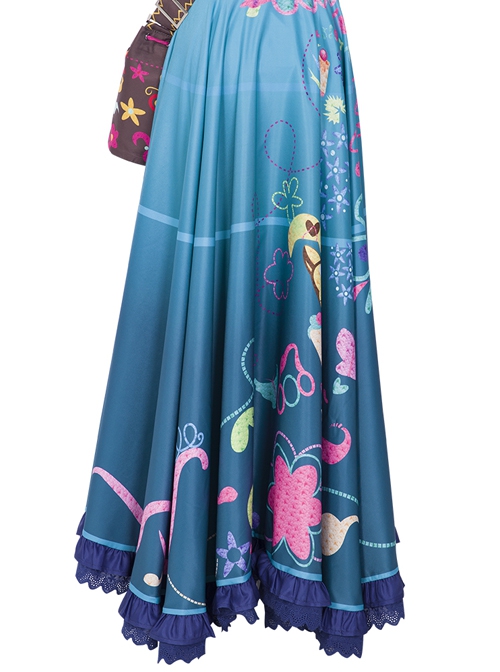 Encanto Mirabel Cute Printing Blue Long Skirt Suit Halloween Cosplay Costume Full Set