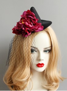 Retro Fashion Gothic Red Flowers Black Mesh Halloween Christmas Female Witch Hat