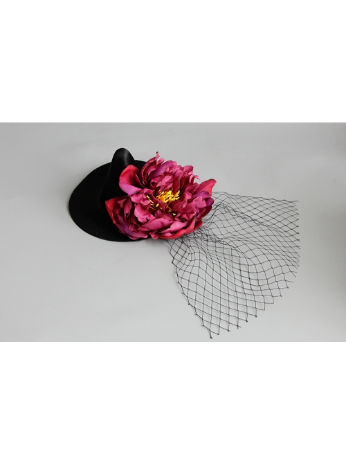 Retro Fashion Gothic Red Flowers Black Mesh Halloween Christmas Female Witch Hat