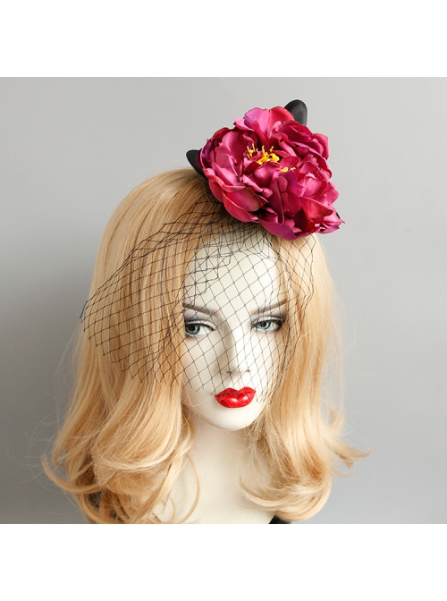 Retro Fashion Gothic Red Flowers Black Mesh Halloween Christmas Female Witch Hat