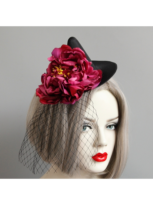 Retro Fashion Gothic Red Flowers Black Mesh Halloween Christmas Female Witch Hat