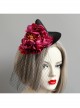 Retro Fashion Gothic Red Flowers Black Mesh Halloween Christmas Female Witch Hat
