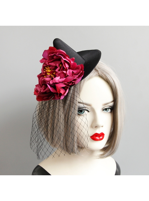 Retro Fashion Gothic Red Flowers Black Mesh Halloween Christmas Female Witch Hat