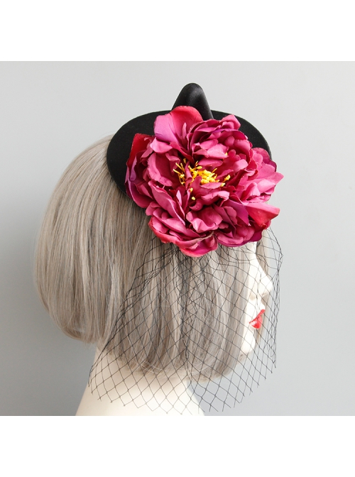 Retro Fashion Gothic Red Flowers Black Mesh Halloween Christmas Female Witch Hat