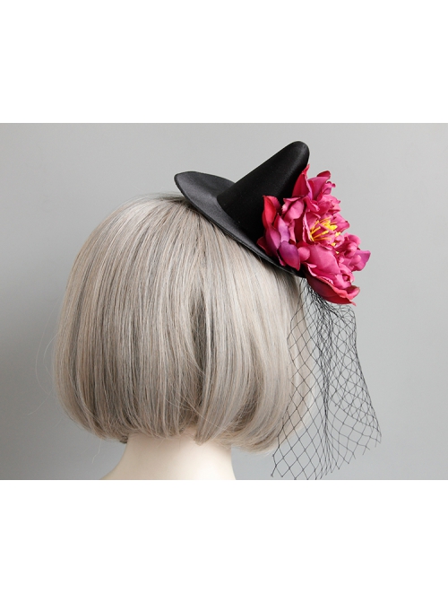 Retro Fashion Gothic Red Flowers Black Mesh Halloween Christmas Female Witch Hat