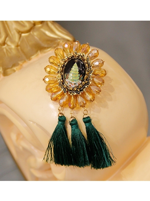Christmas Retro Fashion Yellow Crystal Green Tassel Christmas Tree Female Brooch