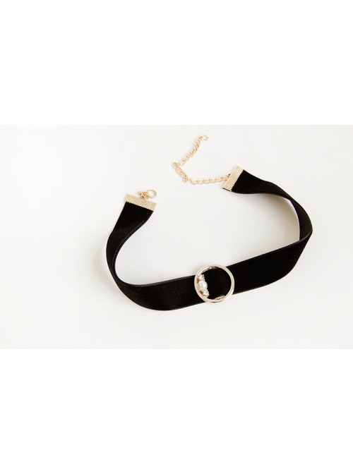 All-Match Retro Fashion Personality Black Velvet Belt Metal Ring Pearl Female Short Necklace