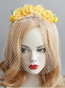 Fashion Retro Personality Bride Yellow Fabric Flower White Veil Female Headband