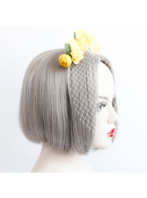Fashion Retro Personality Bride Yellow Fabric Flower White Veil Female Headband
