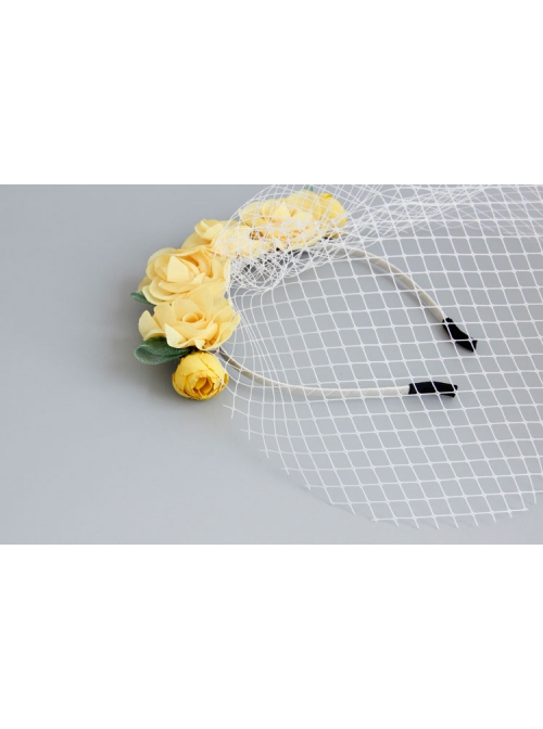 Fashion Retro Personality Bride Yellow Fabric Flower White Veil Female Headband